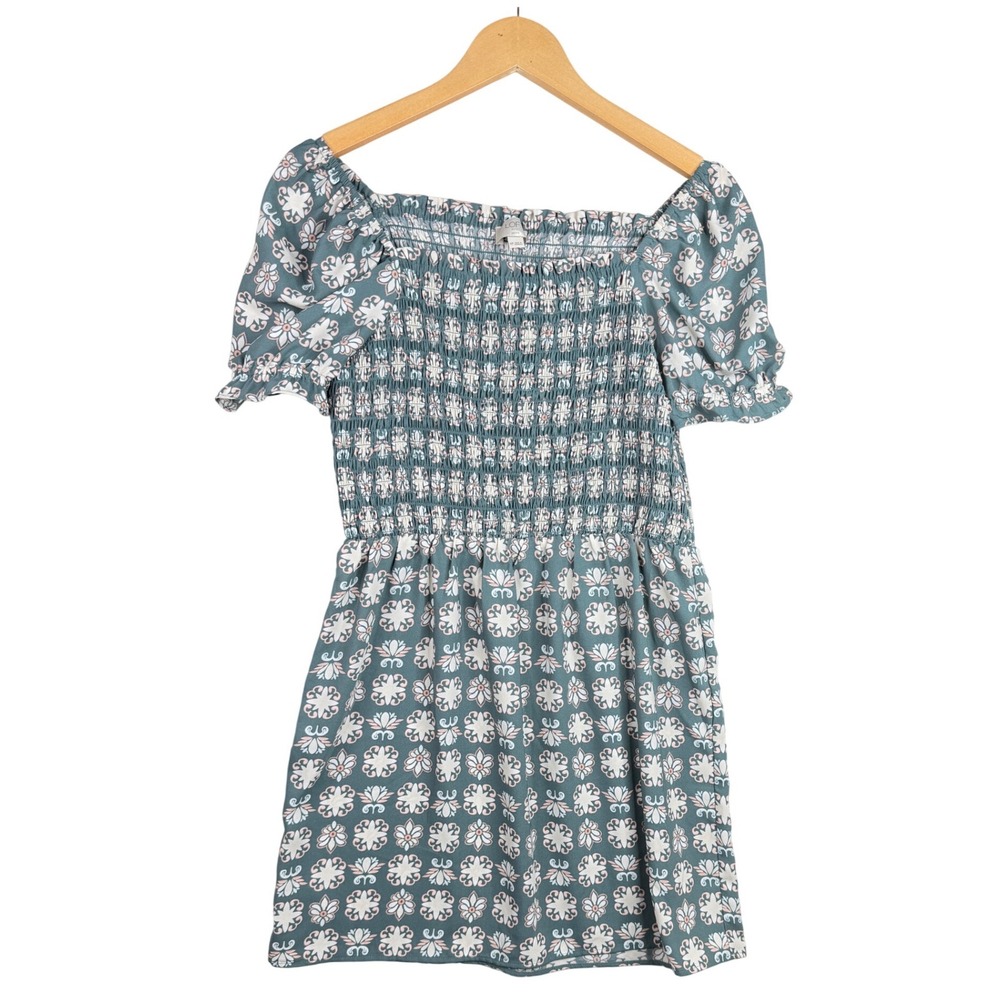 Loft Outlet Smocked Puff Sleeve Baby Doll Mini Dress size Medium Petite Green